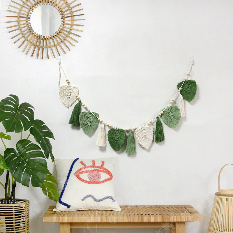 New Home Wall Decoration Cotton Rope Hand-woven Tapestries Tassel Leaf Wall Hanging Homestay Room Background Curtain