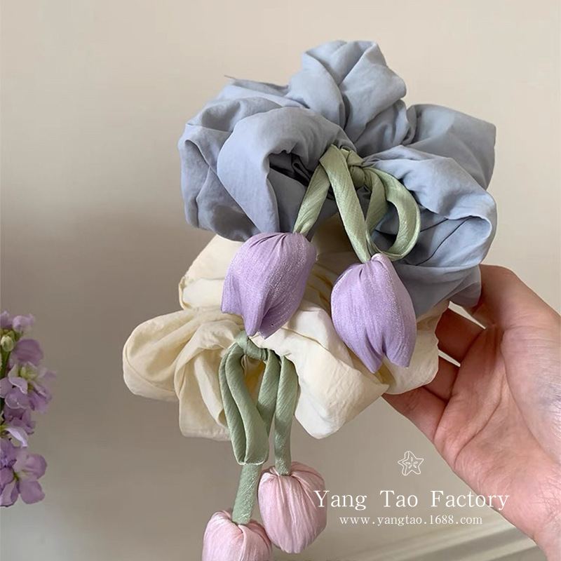 2025 nuevo tocado de temperamento suave, anillo para el cabello, flor de tulipán de alta gama de nicho, anillo de intestino grueso, accesorios para el cabello femenino