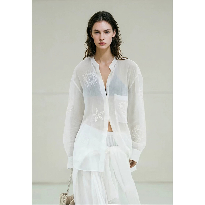 Ed Same Style 100% Ramie Shirt Island Series Loose Casual Lightweight Breathable Stand Collar Top 9663 Four Yuan