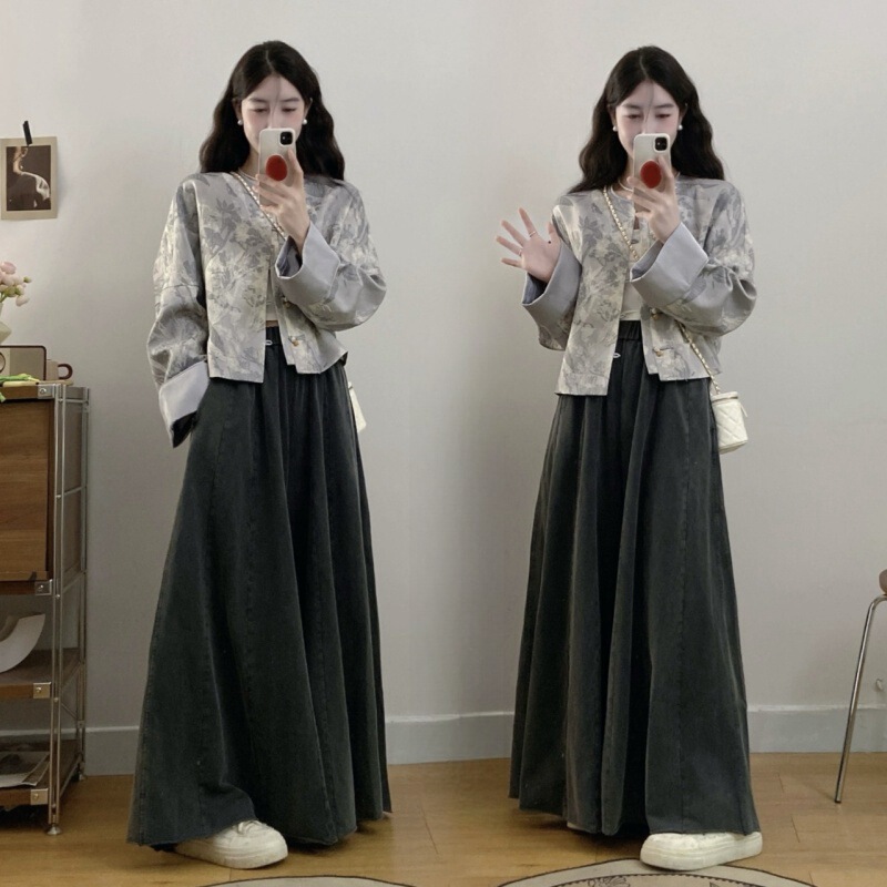 Plus-Size Women's Spring Outfit with a High-End Feel, New Chinese Style, Traditional Button Short Jacket and Wide-Leg Pants/Skirt Two-Piece Set A5803