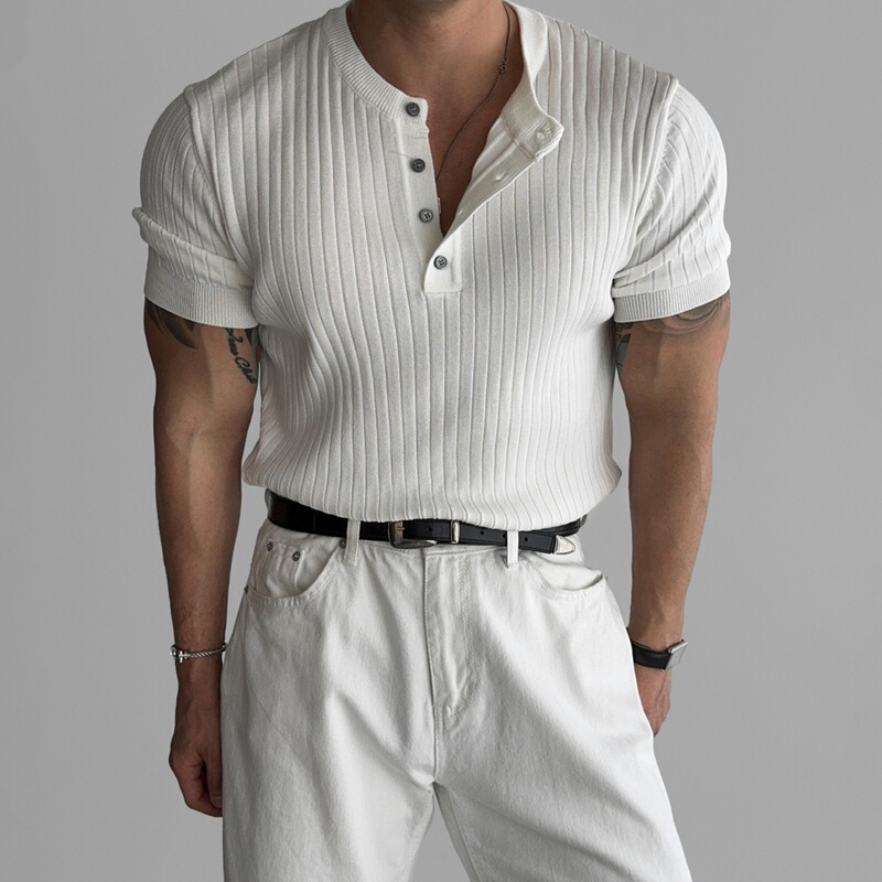 Short-Sleeved Knit Shirt for Men with Buttons, Dark Pattern, British Style, Slim Fit, Summer Ice Silk, Trendy, Foreign Trade, Cross-Border Wholesale, Henley Collar