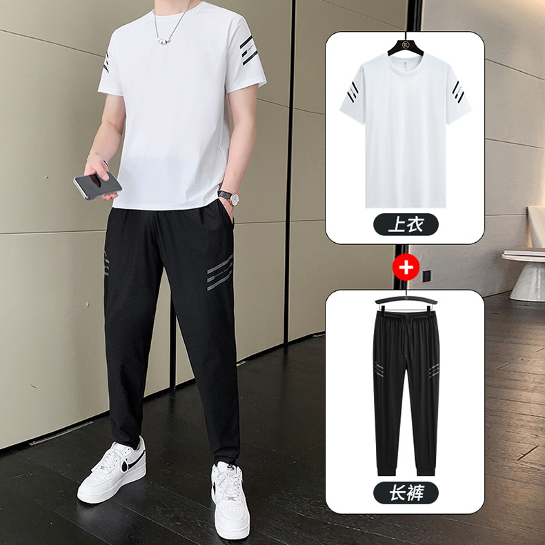 Verano traje de manga corta Camiseta deportiva de seda de hielo de los hombres con pantalones de secado rápido ins media manga camiseta casual traje de dos piezas