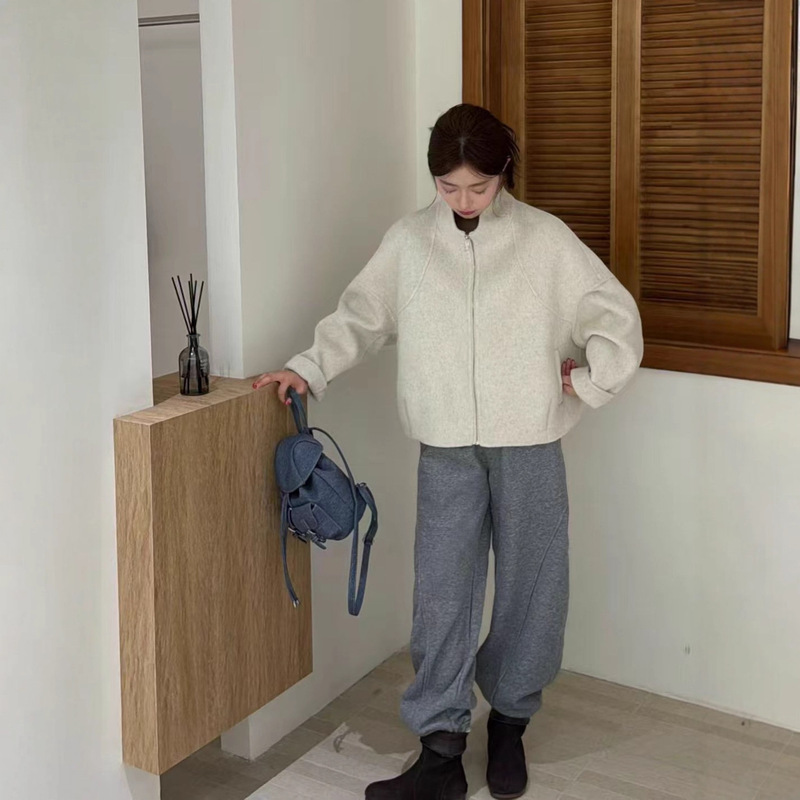 2025 New Autumn and Winter Style Loose Stand-Up Collar Zipper Short Jacket Double-Sided Hand-Sewn Wool Outwear Jacket for Women