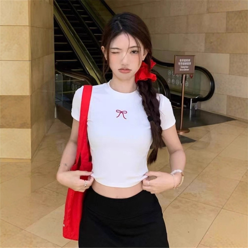 辣妹简约蝴蝶结高级感短袖新款美式休闲正肩显瘦T恤上衣服辣妹潮|undefined