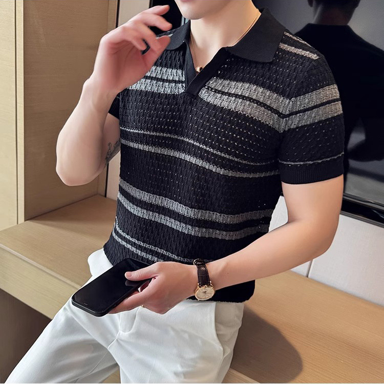 Verano nuevo estilo suéter de manga corta camisa POLO a rayas huecas para hombre camiseta de seda de hielo de negocios con cuello en V comercio exterior al por mayor transfronterizo