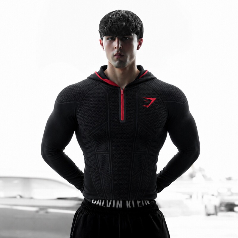GYMSHARK/ONYX V1 Men's Long-Sleeve Sports Fitness Quick-Dry Breathable Elastic Half-Zip Tight Training Wear