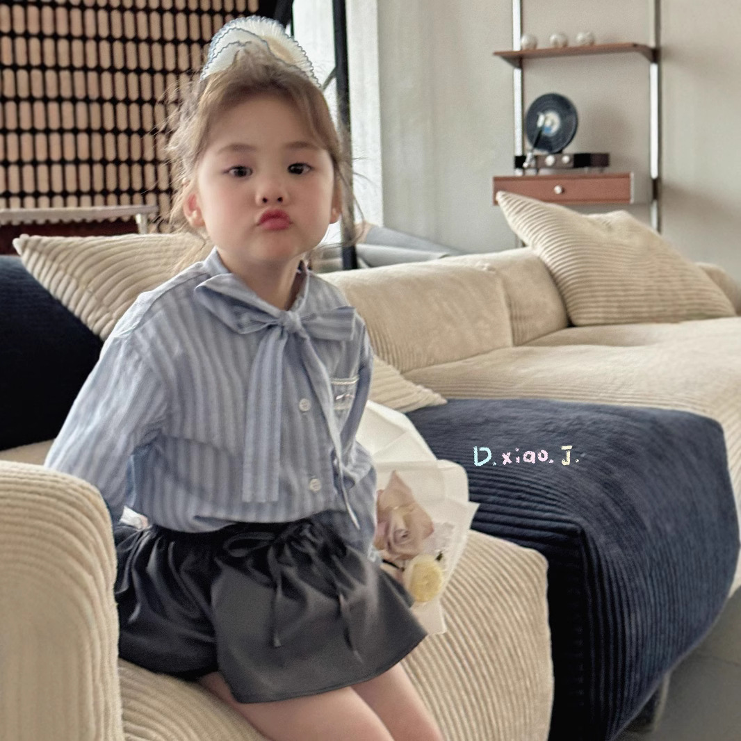 大小卷女童印花條紋襯衫2025春季新款兒童洋氣寬鬆時髦襯衣