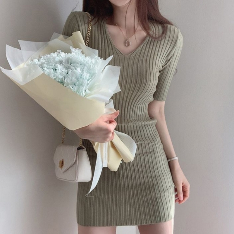 韓国のシックな気質痩身 V ネックスリム夏ヒップカバー小柄な糸秋冬シルクニットドレス女性のための|undefined