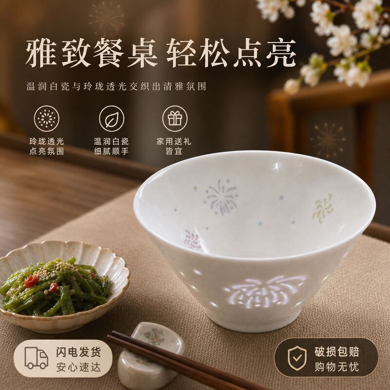Jingdezhen Colorful Exquisite Fireworks Bowl Ceramic Tableware High-Temperature Underglaze Color Household Rice Bowl Non-Stick Ceramic Bowl