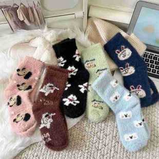 Cartoon colorful sleep socks adult mink fur Palm Dog Mickey mid-calf length socks for women