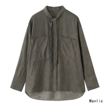 Z风跨境欧美风2025新款时尚气质女装批发口袋饰蝴蝶结衬衫4786306