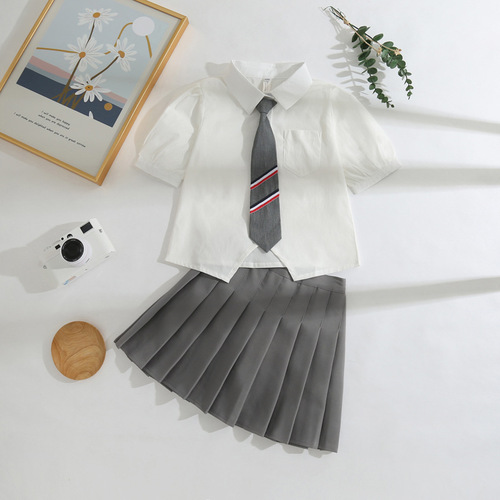 JK uniform shirt top for girls, short-sleeve original summer college style bubble sleeve white blouse with pleated skirt set