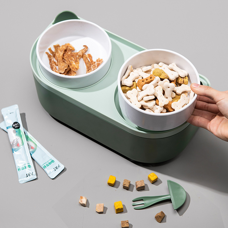 Suministros para mascotas mascota doble tazón protector columna cervical gato tazón de comida orejas de gato con pala tazón de plástico de almacenamiento de alimentos tazón de doble capa tazón para perros