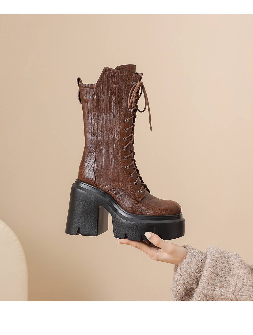 Boot Martin nữ buộc dây phong cách Anh, gót 12 cm — Lớp lót nhung đen chi tiết 15