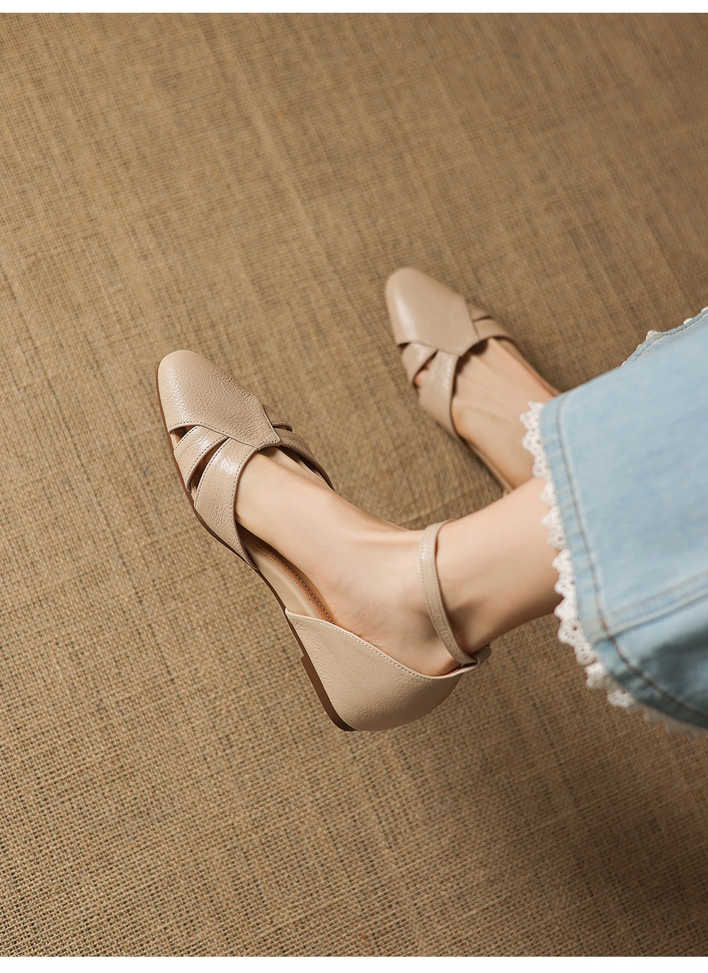 Sandal nữ quai chữ V đế xuồng da dê lỗ rỗng, gót 5 cm, size 34–42 — màu be chi tiết 14