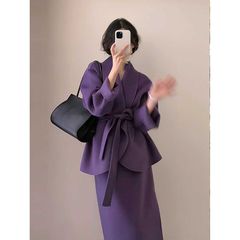时尚套装复古名媛小香风紫色御姐风高级感毛呢裙两件套女2025秋冬