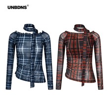 UNBDNS美式复古格子网纱长袖T恤女设计感不规则y2k辣妹一字肩上衣