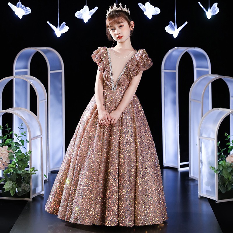 Girls' Princess Party Dress – Lace & Tulle Formal Gown For Recitals, Pageants & Weddings (100-160cm, Rose Gold)_voghion.com