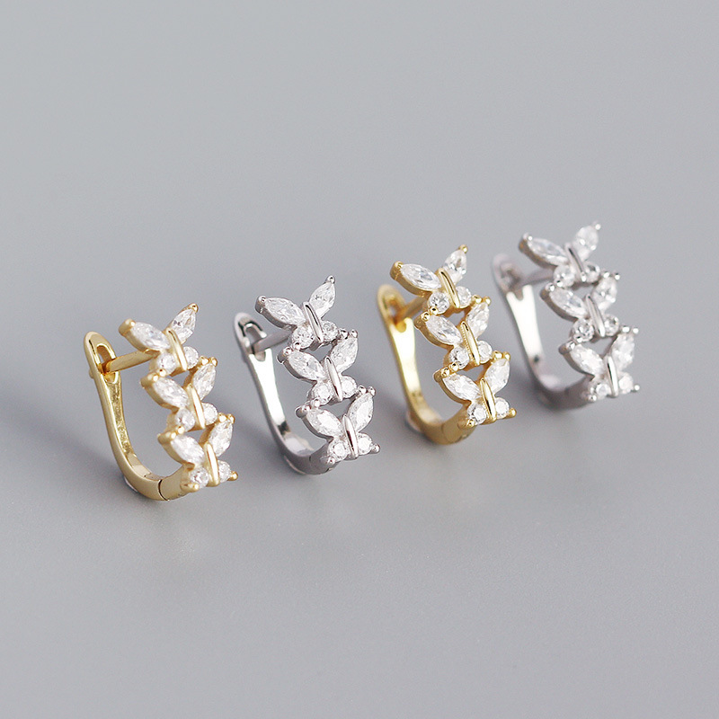 Yhe0368 Earrings S925 Silver Butterfly Diamond U-shaped Ear Buckle Silver Earrings display picture 1