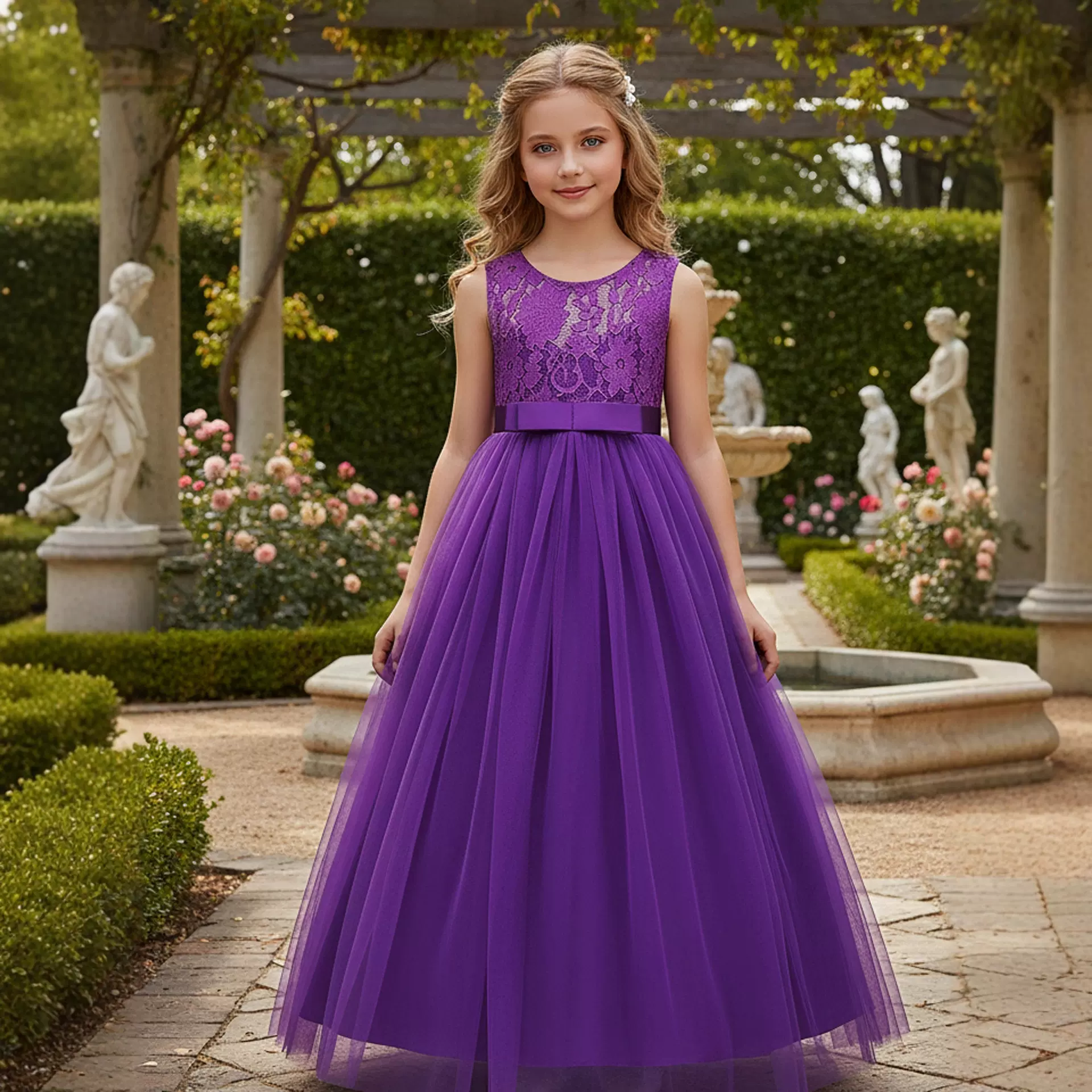 欧美女孩连衣裙儿童公主礼服蕾丝拖地长裙中大童晚礼服girlsdress