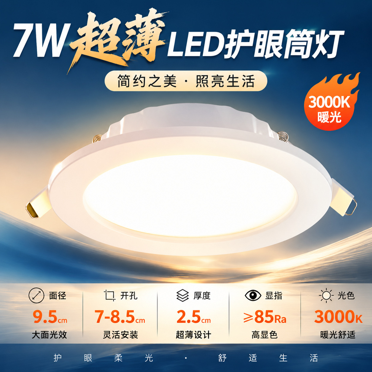 Downlight LED incrustado lámpara de techo doméstica sala de estar lámpara de agujero de techo simple lámpara de ojo de toro tricolor iluminación comercial