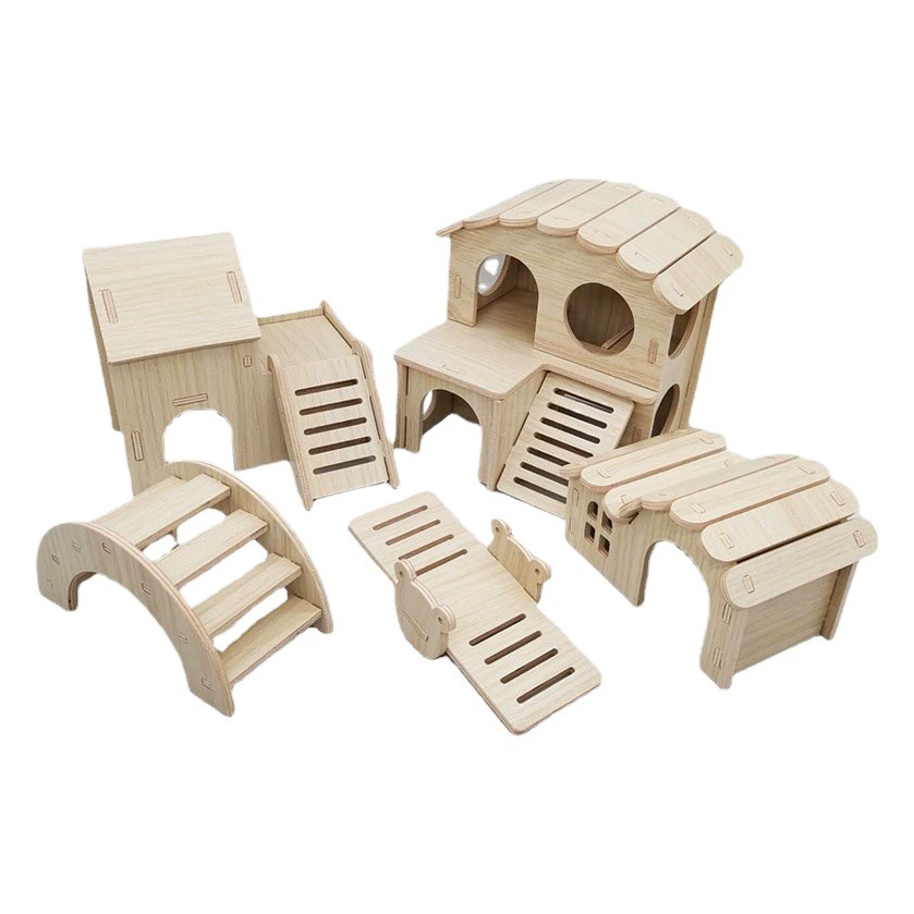 Оптовая хомяк из цельного дерева маленький дом качели спальное гнездо качели Golden Bear двухэтажная вилла Ландшафтные игрушки