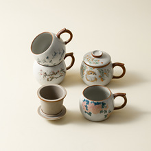 米黄汝窑办公杯三件套茶水分离带盖高端茶杯个人杯单杯可印刷logo