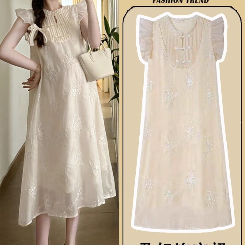 Maternity Dress Summer Set New Style New Chinese Style National Style Embroidery Loose Sweet Thin Style Flutter Sleeves Mid-Length