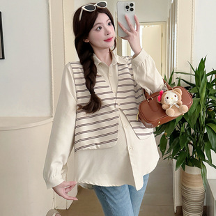 2025 Spring Maternity Fashion Long Sleeve Lar Fake Two-piece Shirt New Korean Style Loose Belly Covering Pregnant Women Top