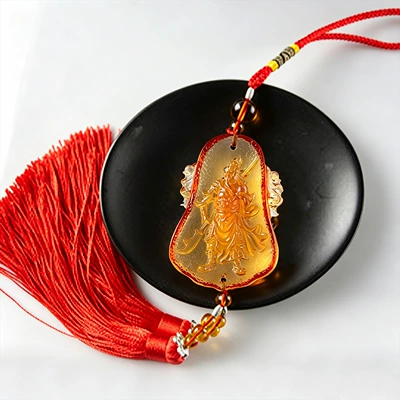 glaze Buddha car pendant rearview – Car hanging - guan-gong-glazed-figurine-red-tassel