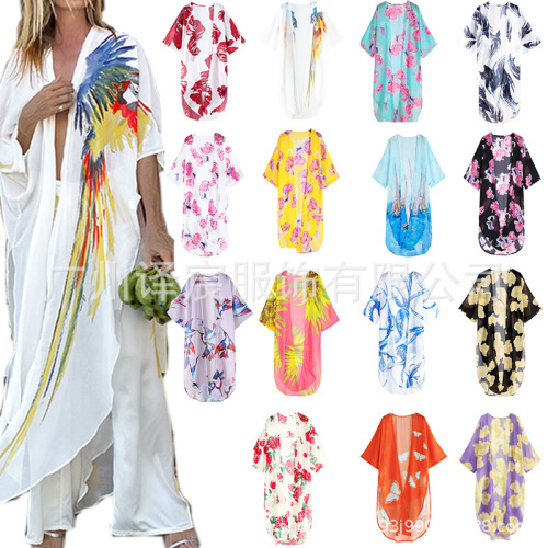 Beach Coverall Women Summer Quality Beach Vacation Chiffon Shirt European and American Open Top Sun Protection Clothing 9419