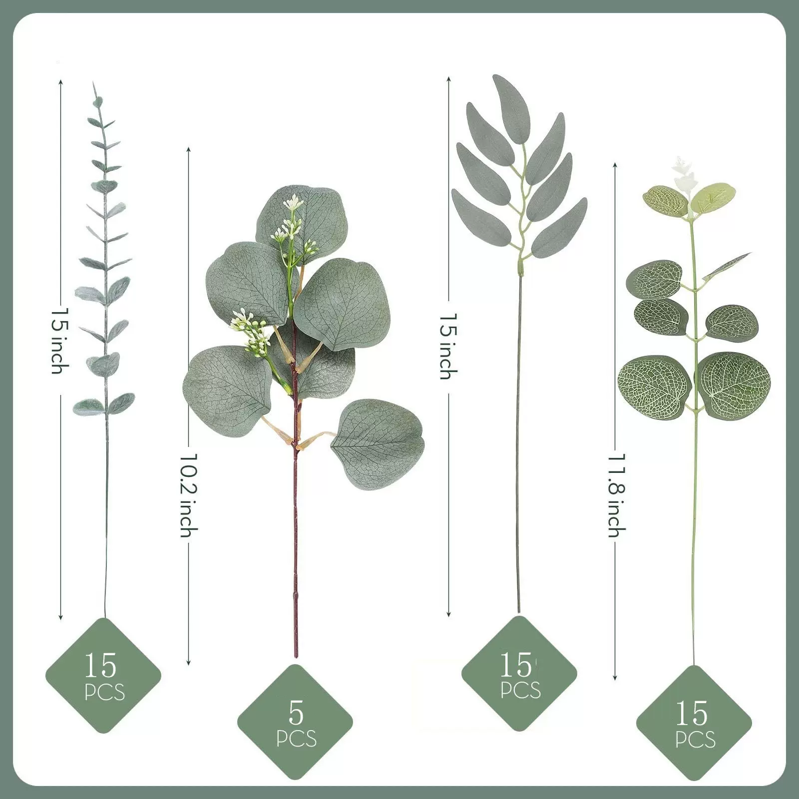 亚马逊跨境仿真绿植塑料叶人造桉树叶尤加利茎短银元树枝叶子装饰