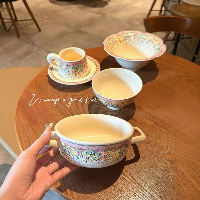 Pink and White Series Afternoon Tea Ceramic Soup Bowl, Rice Bowl, Noodle Bowl, Double-Eared Bowl, Petal Bowl, Tall Bowl, Coffee Cup and Saucer Set
