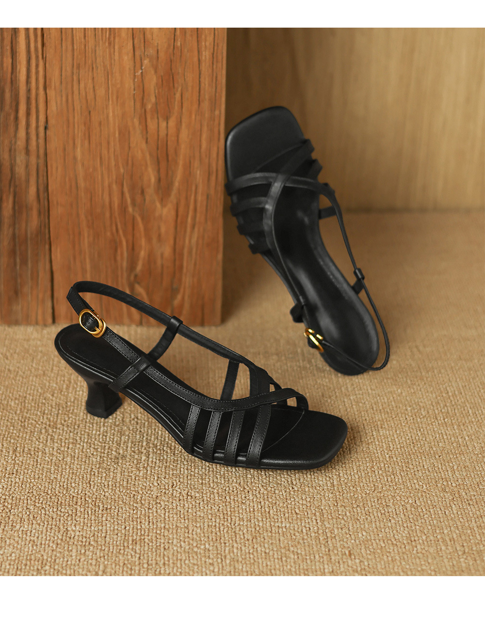 Sandal nữ hở mũi gót dày bện 5.5cm kiểu La Mã — da cừu đen chi tiết 17
