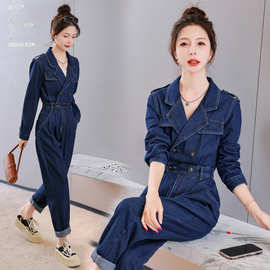 高腰连体牛仔裤女2023春秋款收腰显瘦工装双排扣连衣裤女式休闲裤