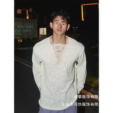 春秋性张力镂空针织衫男深V慵懒风套头毛衣男薄款破坏设计感批发