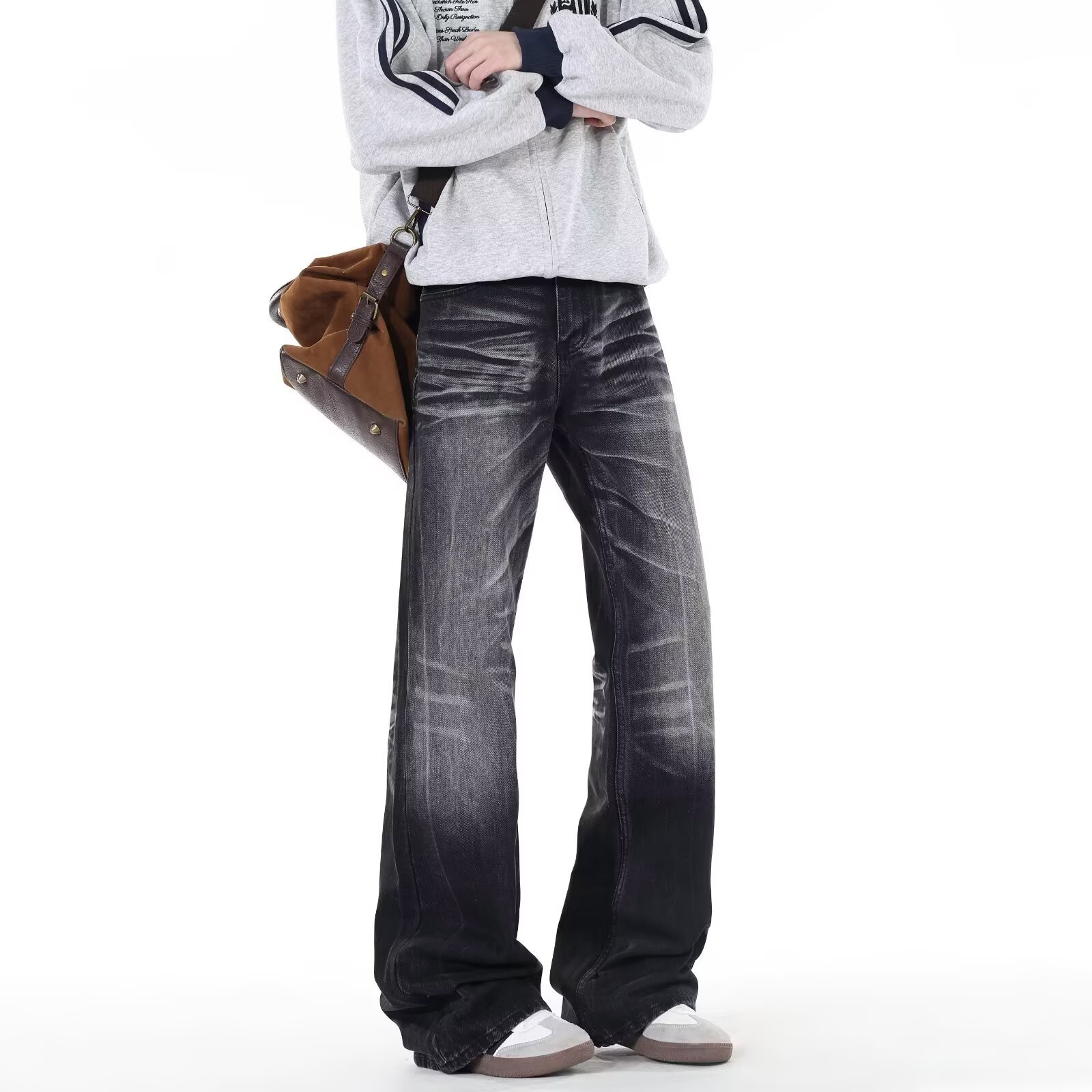 Men's Washed Black Bootcut Jeans Vintage Distressed Denim Pants_voghion.com