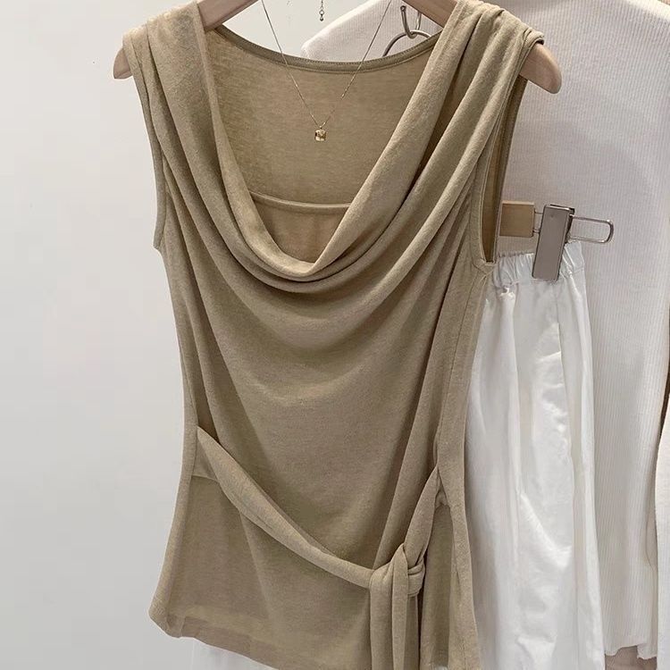 Simon Reiner's Beautiful Design Fake Two-Piece Swing Collar Sleeveless T-Shirt for Women Summer 2025 New Style with Straps to Tighten the Waist