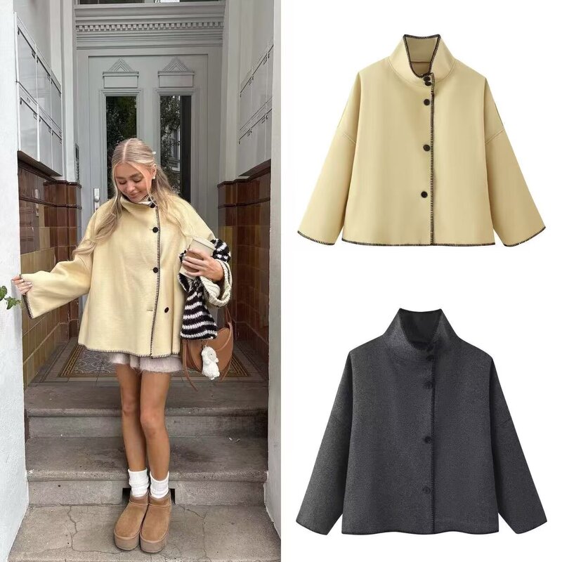 Za Cross-Border Export Spot 2025 European and American Style Winter Fashion Women's High Collar Embroidered Edge Long-Sleeved Woolen Jacket