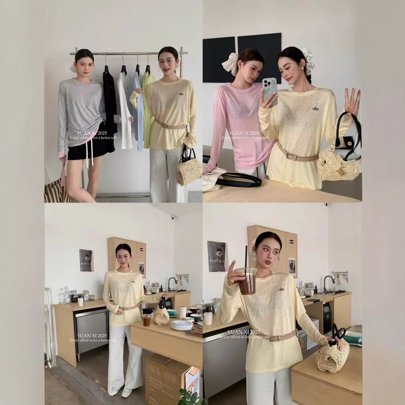 Spring and Summer 2025 New Alo Embroidered Letter Candy Color Summer Sun Protection Simple Base Shirt Ice Silk Knitted Top Spring and Summer 2025 New Alo Embroidered Letter Candy Color Summer Sun Protection Simple Base Shirt Ice Silk Knitted Top