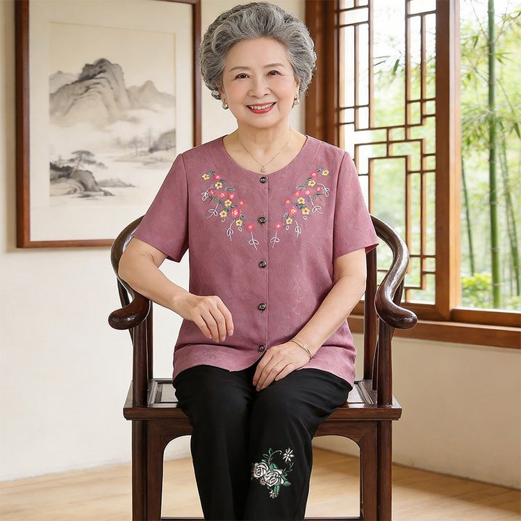 Middle-Aged Mom's Cotton and Linen Short-Sleeve Outfit, Elegant Grandma's Embroidered Floral Set, Elderly Lady's T-Shirt, Thin Shirt for Seniors