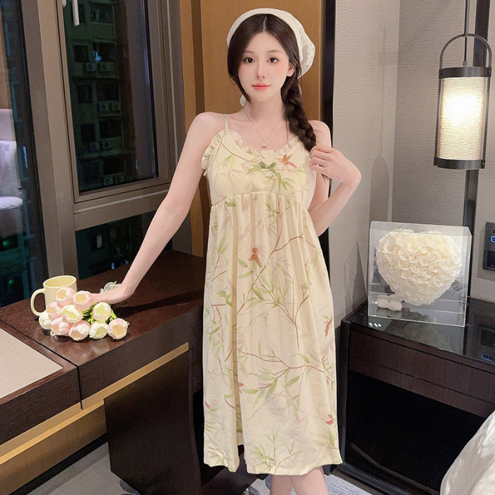 Verano con almohadilla de pecho pijama largo mediano pijama mujer nubes de algodón dulce lindo estudiante vestido de ropa casera casual