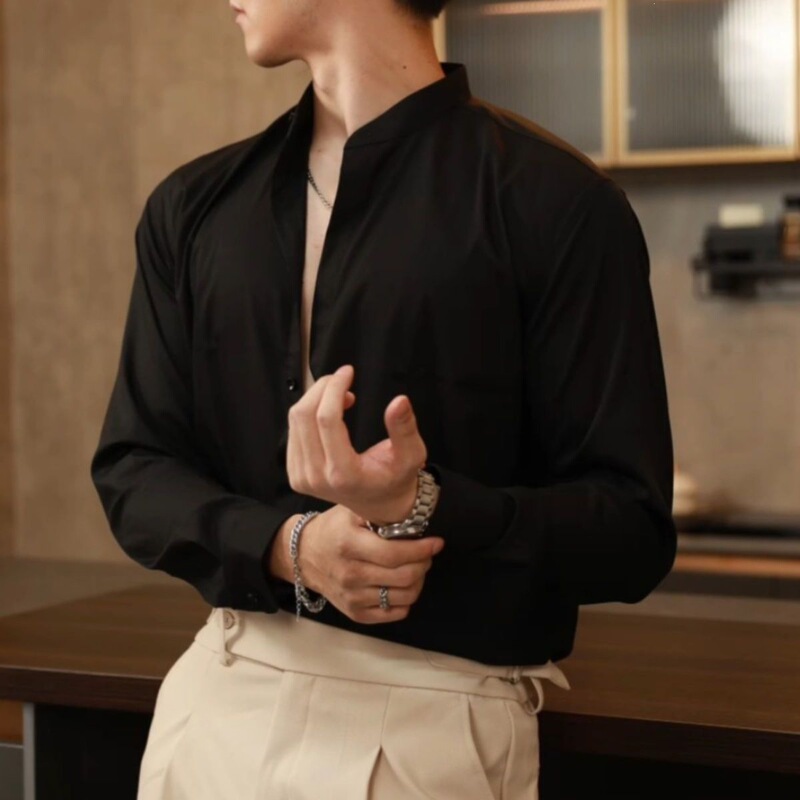 Men's Stand-Up Collar Long-Sleeved Shirt, Fitness Men's Running Sports Slim-Fit Shirt, High-Elastic Business Casual Non-Iron Shirt