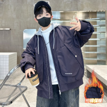 男童韩版夹棉外套冬装2025新款中大童冬季时尚连帽工装棉衣加厚潮