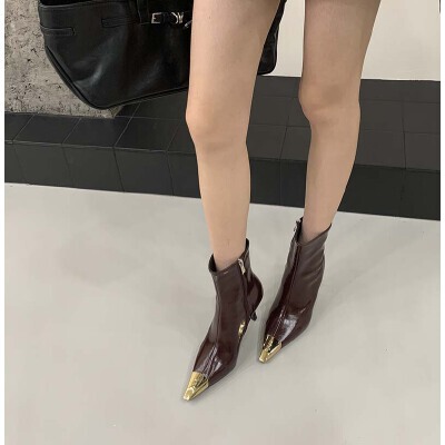 短靴女一件代发现货2025欧美新款黑金色细跟靴子金属头高跟时装靴|undefined