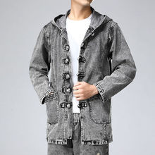 中国风牛仔连帽夹克男装休闲立领复古刺绣唐装男大码休闲上衣外套