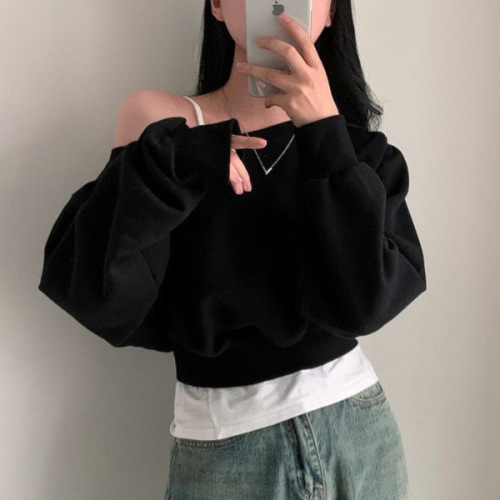 Chic temperament sexy pure desire one-shoulder shoulderless short-sleeved sweater women loose versatile long-sleeved solid color sweater women's fashion 