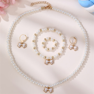 Cross-border Pearl Children's Jewelry suit Cute Little Girl Alloy Oil Bow Necklace Bracelet Ring Earrings