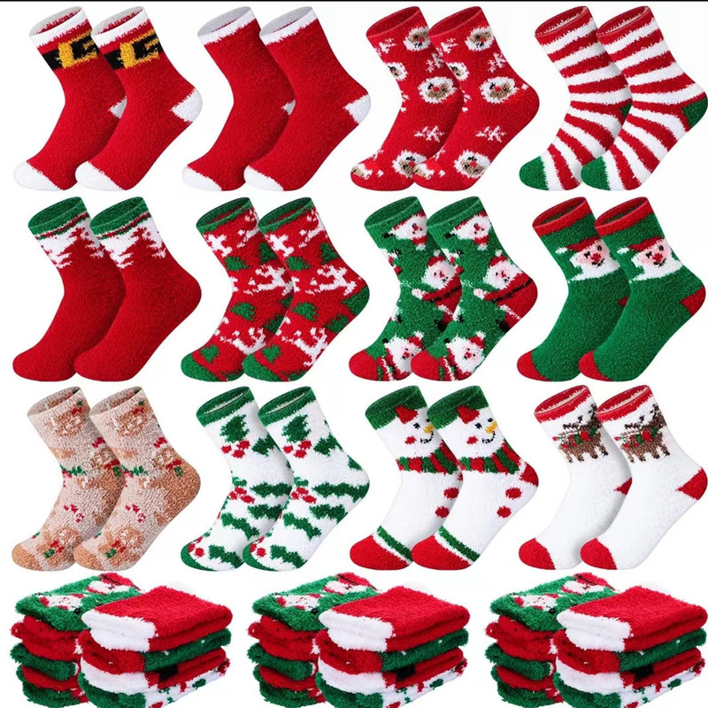 Christmas Plush Socks for Women Winter Plush Fluffy Slippers Coral Velvet Socks Gift Cute Colorful Sleeping Socks