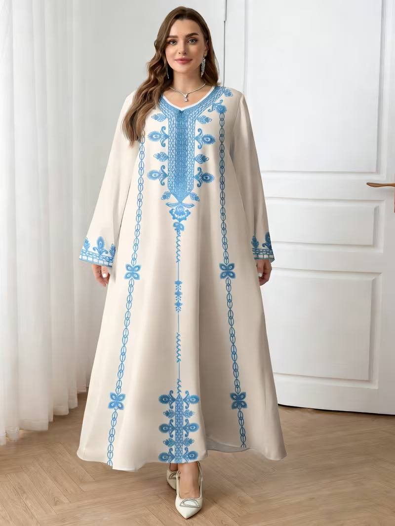 Middle Eastern Cross-border Muslim Women's V-neck Printed Loose Elegant Robe Ethnic Style Long-sleeved Dress Custom-made_ecoleips.com